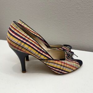 Plaid Multicolor Fabric Pump with Navy Trim